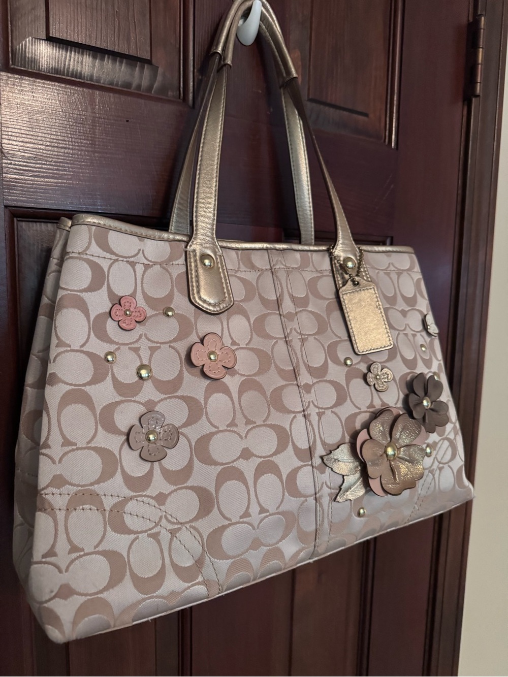 Coach Floral Appliqué Tote in Pink and Beige with Metallic Trim